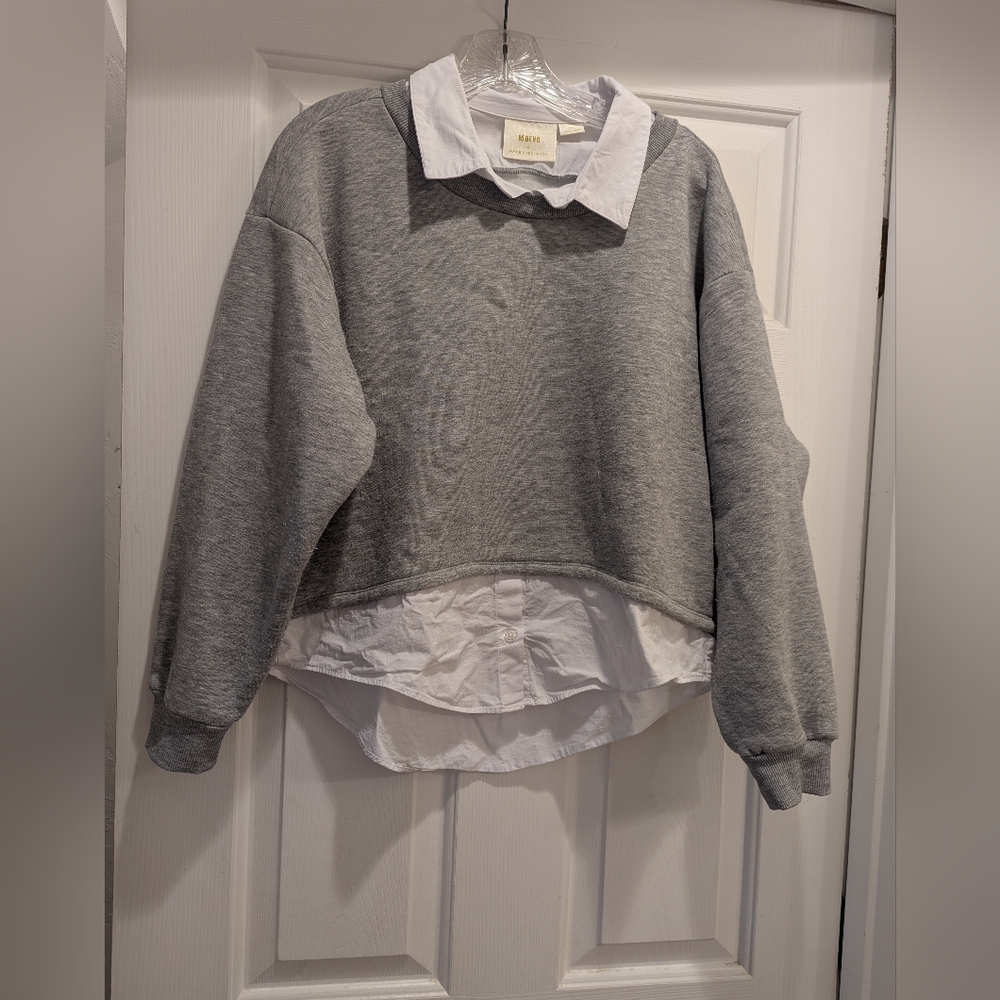 Anthropologie Maeve Grey With White Trim Under Layered Sweater Sz Sm *GUC